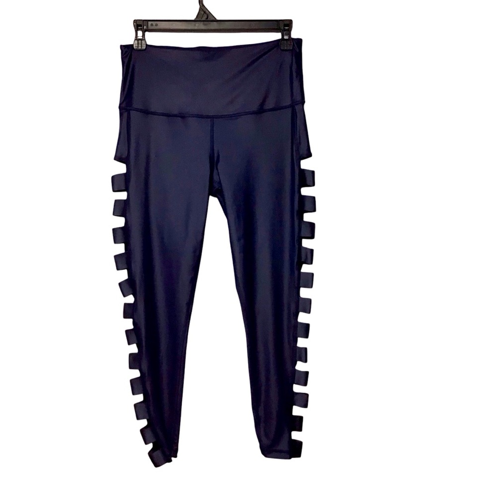 VICTORIA'S SECRET SPORT NAVY BLUE WET LOOK SHINE STRAPPY SIDE LEGGINGS M